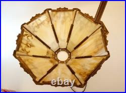 Antique 20s 30s cast iron goldtone table lamp slag glass shade 24 tall