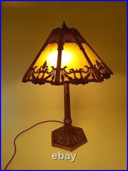 Antique 20s 30s cast iron goldtone table lamp slag glass shade 24 tall Antique 20s 30s cast iron goldtone table lamp slag glass shade 24 tall