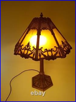 Antique 20s 30s cast iron goldtone table lamp slag glass shade 24 tall