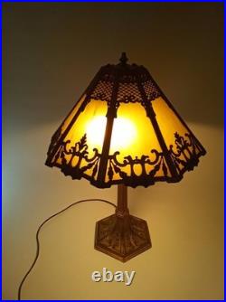 Antique 20s 30s cast iron goldtone table lamp slag glass shade 24 tall