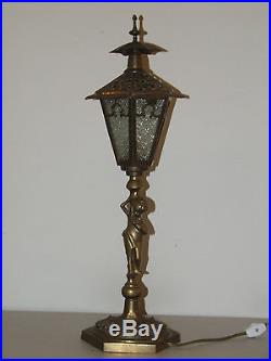 Antique 21 Brass Figural Woman Lantern Lamp Post Slag Glass Boudoir Table Lamp