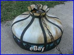 Antique 22 Hanging Ceiling Lamp with Arts & Crafts Slag Glass Shade Windmill