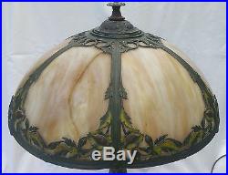 Antique 2 Light Table Lamp with Caramel Slag Glass Shade, Polychrome Metal Overlay