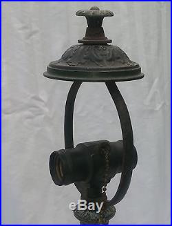 Antique 2 Light Table Lamp with Caramel Slag Glass Shade, Polychrome Metal Overlay