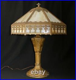 Antique 2-Socket Lamp withAmber 8-Sided Slag Glass Shade+Original Finial. 1920