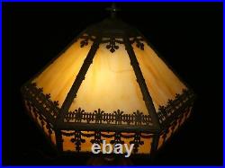 Antique 2-Socket Lamp withAmber 8-Sided Slag Glass Shade+Original Finial. 1920