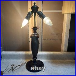 Antique 2 Socket Pull chain Arts and Crafts Wood Slag Glass Lamp Base Works
