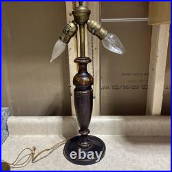 Antique 2 Socket Pull chain Arts and Crafts Wood Slag Glass Lamp Base Works