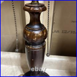 Antique 2 Socket Pull chain Arts and Crafts Wood Slag Glass Lamp Base Works