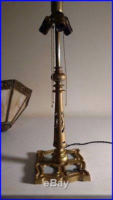 Antique 3 socket Miller Slag Glass Lamp with eight panel slag glass shade