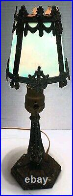 Antique 4 Panel Blue Slag Stained Glass Table Lamp Ornate 13 Tall -OO