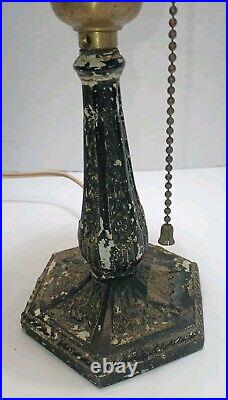 Antique 4 Panel Blue Slag Stained Glass Table Lamp Ornate 13 Tall -OO