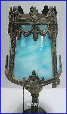 Antique 4 Panel Blue Slag Stained Glass Table Lamp Ornate 13 Tall -OO