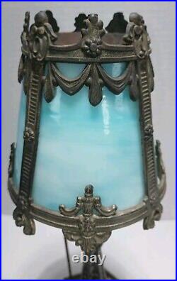 Antique 4 Panel Blue Slag Stained Glass Table Lamp Ornate 13 Tall -OO