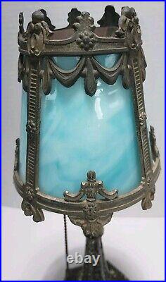 Antique 4 Panel Blue Slag Stained Glass Table Lamp Ornate 13 Tall -OO