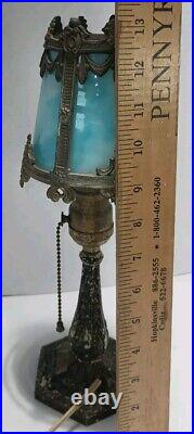 Antique 4 Panel Blue Slag Stained Glass Table Lamp Ornate 13 Tall -OO