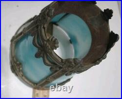 Antique 4 Panel Blue Slag Stained Glass Table Lamp Ornate 13 Tall -OO
