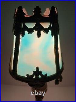 Antique 4 Panel Blue Slag Stained Glass Table Lamp Ornate 13 Tall -OO