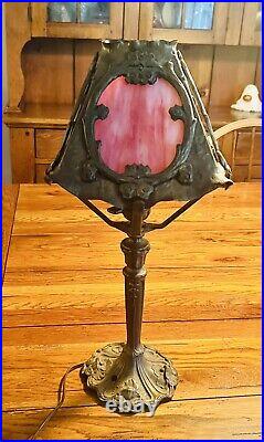 Antique 4 Panel Slag Glass Cast Metal Table Lamp
