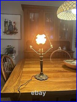 Antique 4 Panel Slag Glass Cast Metal Table Lamp