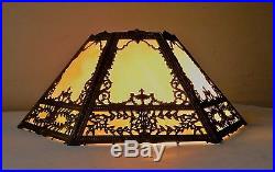 Antique 6 Pane Metal Overlay Slag Glass Lamp Shade Great Condition