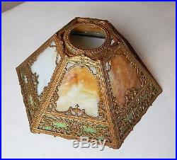 Antique 6 Pane Metal Overlay Slag Glass Lamp Shade Great Condition
