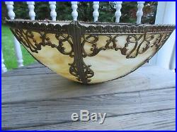 Antique 6 Panel Bent Caramel SLAG GLASS 17.5 LAMP SHADE Scroll Accents Open Top