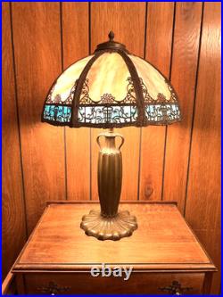 Antique 6 Panel Blue/Cream Slag Glass Lamp, c1900 Patinated Metal Overlay 23