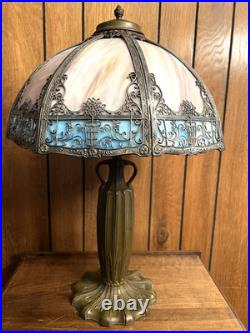 Antique 6 Panel Blue/Cream Slag Glass Lamp, c1900 Patinated Metal Overlay 23