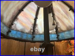 Antique 6 Panel Blue/Cream Slag Glass Lamp, c1900 Patinated Metal Overlay 23 Antique 6 Panel Blue/Cream Slag Glass Lamp, c1900 Patinated Metal Overlay 23