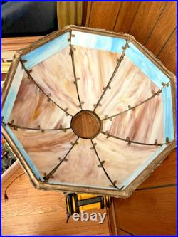 Antique 6 Panel Blue/Cream Slag Glass Lamp, c1900 Patinated Metal Overlay 23