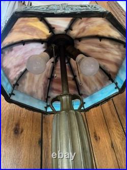 Antique 6 Panel Blue/Cream Slag Glass Lamp, c1900 Patinated Metal Overlay 23 Antique 6 Panel Blue/Cream Slag Glass Lamp, c1900 Patinated Metal Overlay 23