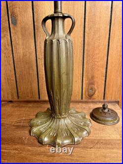 Antique 6 Panel Blue/Cream Slag Glass Lamp, c1900 Patinated Metal Overlay 23