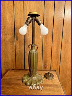 Antique 6 Panel Blue/Cream Slag Glass Lamp, c1900 Patinated Metal Overlay 23