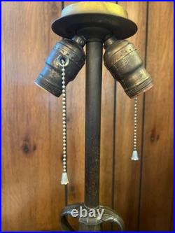 Antique 6 Panel Blue/Cream Slag Glass Lamp, c1900 Patinated Metal Overlay 23