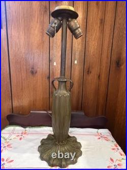 Antique 6 Panel Blue/Cream Slag Glass Lamp, c1900 Patinated Metal Overlay 23