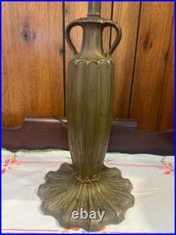 Antique 6 Panel Blue/Cream Slag Glass Lamp, c1900 Patinated Metal Overlay 23