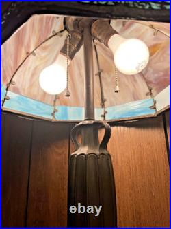 Antique 6 Panel Blue/Cream Slag Glass Lamp, c1900 Patinated Metal Overlay 23