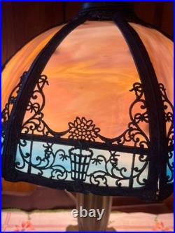 Antique 6 Panel Blue/Cream Slag Glass Lamp, c1900 Patinated Metal Overlay 23