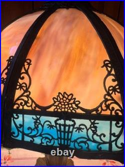 Antique 6 Panel Blue/Cream Slag Glass Lamp, c1900 Patinated Metal Overlay 23 Antique 6 Panel Blue/Cream Slag Glass Lamp, c1900 Patinated Metal Overlay 23
