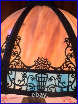 Antique 6 Panel Blue/Cream Slag Glass Lamp, c1900 Patinated Metal Overlay 23