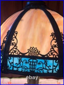 Antique 6 Panel Blue/Cream Slag Glass Lamp, c1900 Patinated Metal Overlay 23