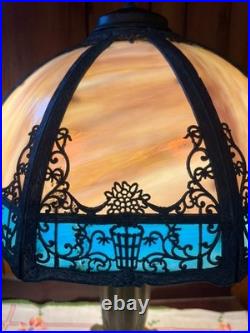 Antique 6 Panel Blue/Cream Slag Glass Lamp, c1900 Patinated Metal Overlay 23