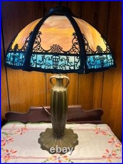 Antique 6 Panel Blue/Cream Slag Glass Lamp, c1900 Patinated Metal Overlay 23 Antique 6 Panel Blue/Cream Slag Glass Lamp, c1900 Patinated Metal Overlay 23