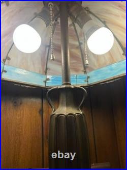 Antique 6 Panel Blue/Cream Slag Glass Lamp, c1900 Patinated Metal Overlay 23
