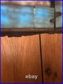 Antique 6 Panel Blue/Cream Slag Glass Lamp, c1900 Patinated Metal Overlay 23 Antique 6 Panel Blue/Cream Slag Glass Lamp, c1900 Patinated Metal Overlay 23