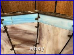 Antique 6 Panel Blue/Cream Slag Glass Lamp, c1900 Patinated Metal Overlay 23