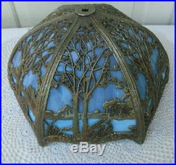 Antique 6 Panel Blue Slag Glass Lamp Shade with Overlay