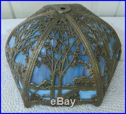 Antique 6 Panel Blue Slag Glass Lamp Shade with Overlay
