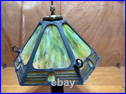 Antique 6 Panel Green Slag Glass Parlor Lamp #4324